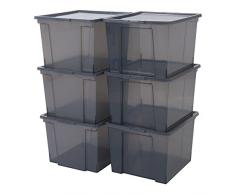 IRIS, 6er-Set Aufbewahrungsboxen / Kisten mit Deckel / Stapelboxen Useful Storage Box, USB-M, Kunststoff, transparentes Grau, 40 L, 42 x 36 x 26,5 cm