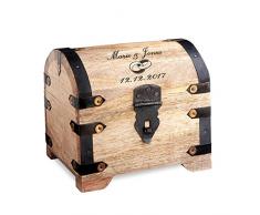 Casa Vivente Schatztruhe aus hellem Holz mit Gravur zur Hochzeit, Motiv Ringe, Personalisiert mit Namen und Datum, Verpackung für Geldgeschenke