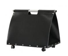 Kamin Holzkorb regeneriertes Leder schwarz mit Rollen 52x45x38 cm
