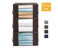 SOLEDI Aufbewahrungstasche Kleideraufbewahrung mit verstärktem Griff und Stabilem Reißverschluss aus Dickem Stoff für Bettwäsche Kleidung Kissen Faltbar Groß, Brown, 3er-Pack, 60 x 35 x 40 cm