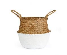 BlueMake Handgestrickter strapazierfähiger faltbarer Aufbewahrungskorb, Pflanzkorb, Naturweidenkorb, Strohgeflecht Small weiß