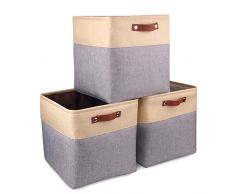 Mangata 3er-Set Aufbewahrungsbox, Faltbare Aufbewahrungsbox in Würfel Verdickte Leinwand Aufbewahrungskörbe Stoff Organizer Stoffboxen mit Griffen (Beige/Grau, 3 Stück)