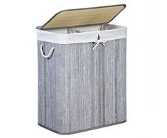 SONGMICS Wäschekorb aus Bambus, Wäschesammler mit 2 Fächern, Wäschesortierer mit Deckel und herausnehmbarem Wäschesack, Tragegriffe aus Baumwolle, 100 L Wäschebox, Retro Grau LCB74GW
