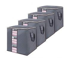 GoMaihe Aufbewahrungstasche Groß 4 Stück, Faltbare Kleideraufbewahrung mit Langlebige Reißverschluss und Griff Unterbett Vliesstoff Aufbewahrungstasche für Bettdecken, Kissen, Kleidung, Grau, MEHRWEG