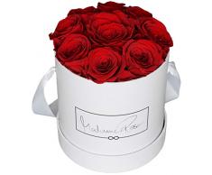 MadameRose Rosenbox rund mit 9 konservierten roten Rosen in weißer Hutschachtel als Geschenk und Deko, Größe L, echte Premium Rosen 3 Jahre haltbar