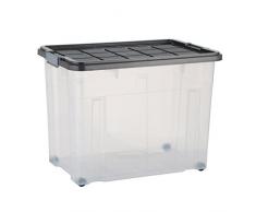 axentia Aufbewahrungsbox mit Rollen & Deckel, Stapelbox aus Kunststoff 80 Liter, Eurobox transparent, Maße: ca. 60 x 40 x 44,5 cm, Anthrazit, blau oder gelb - Farbe nicht wählbar