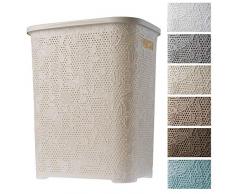 KADAX Wäschekorb, Wäschetruhe mit Deckel aus Kunststoff, Wäschesammler, Wäschesortierer für Bad, Kleidung, Spielzeug, Verzierungen, durchbrochenes Muster, 55l, leicht (Creme)