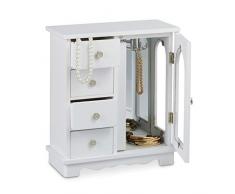 Relaxdays Schmuckkästchen mit Tür H x B x T: ca. 30 x 26 x 11 cm großer Schmuckkasten mit 4 Fächern Schmuckschrank aus Holz mit Schubladen und Spiegel Schränkchen mit Schmuckhalter für Ketten, weiß