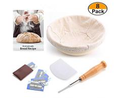 mysticall 9-Zoll-Brotkorb mit Brotbeutel, Schaber-Metallklingenset, rundes natürliches Rattanschalen-Korbbackwerkzeug für Sauerteigbrot
