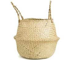 N/B Seegras Korb Geflochten Körbe 27x 23 cm Wäschekorb Faltbar Blumenkorb mit Griff Handgewebt Fischkorb Übertopf Korb für Pflanzentöpfe Picknick oder Einkaufskorb(1Pcs)