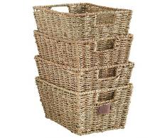 VonHaus Set aus 4 Seegras Regal Körben mit Eingefügten Griffen - Aufbewahrungskörbe/Regalbox/Schrankkorb - Schlafzimmer/Wohnzimmer/Badezimmer - 30(L) x 22(B) x 15(H) cm