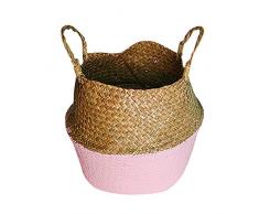 MarryoU Holzkörbe Flechtwaren Gartenkorb Seegras Korb Blume Topf Faltbar Handwerk Weben Bauch Korb Kaminholzkorb Regalkörbe Aufbewahrungskörbe Behälter Allzweckkorb für Home Garten (Rosa, 25 * 27cm)