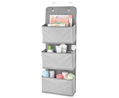 mDesign Schrank-Organizer ohne Bohren – Hängeorganizer im Fischgrätmuster mit 3 großen Fächern – Mehrzweckschrank mit Haken zum über die Tür Hängen – ideal für das Kinderzimmer – grau und weiß