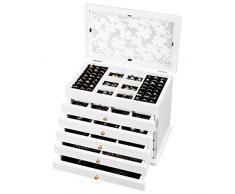 COSTWAY Schmuckkasten mit 5 Schubladen, Schmuckschatulle 6 Ebenen, Schmuckkästchen aus Kiefer, Schmuckkoffer für Ohrringe, Halsketten, Ringe, Schmuckaufbewahrung 30x19×25cm, Schmuckvitrine (weiß)