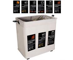 IHOMAGIC Wäschekorb Faltbarer 3 Fächern mit 6 lables für DIY Wäschesortierer Clothing Storage Wäschebox mit Räder Wäschesammler Beweglich mit Leder Griff für Bad Schlafraum 105L 54.5x35x58cm Beige