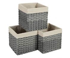 SONGMICS Aufbewahrungskörbe aus Polyrattan, 3er Set, 27 L Aufbewahrungsboxen, Würfel mit Griffen und Baumwollsack, Faltbare Spielzeug-Organizer, quadratisch, geflochten, Schlafzimmer, grau RRB130WG