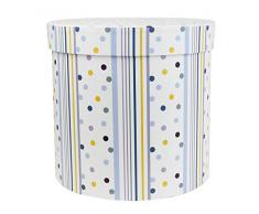 Emartbuy Starrer Luxus Hut Runde Geschenkbox, 19,8 cm x 18,4 cm, Weiße Box Mit Blauen Gelben Grauen Tupfen und Streifen Mit Schokoladen Braunem Interieur