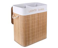 Homfa 100 L Wäschekorb Groß aus Bambus Wäschesammler mit Griffen Wäschetruhe mit 2 Fächern Faltbare Wäschesack herausnehmbar 59x52x31cm (Natur)