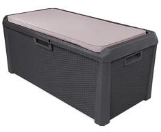 Ondis24 Kissenbox Santo Rattan Optik anthrazit Sitztruhe inkl. passender Auflage (beige) Auflagenbox 560 Liter XXL
