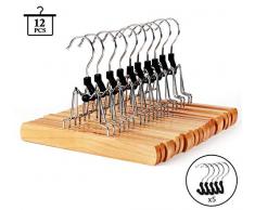 ilauke Hosenspanner Hosenbügel 12 Stück Kleiderbügel aus Holz mit 5 Stück Haken als Ersatzteil, um 360 Grad drehbar, für Hosen Röcke Schal, Natur