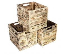 Kontorei® geflammte/gebrannte Holzkiste für Kallax Regal 33cm 37,5cm 32,5cm 3er Set Obstkiste Kiste Box