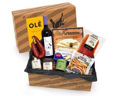 Geschenkkorb Olé mit spanischen Delikatessen I Präsentkorb gefüllt mit ausgesuchten Tapas-Klassikern & Rotwein aus Spanien