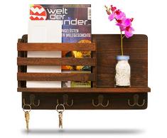LEMOUGREE Schlüsselbrett mit Ablage aus Holz für die Wand inklusive Zeitungsfach - Garderobe Vintage - Hakenleiste als Schlüsselhalter und Schlüsselkasten - Schlüssel Organizer Garderobenleiste