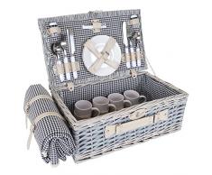 Mendler Picknickkorb-Set HWC-B24 für 4 Personen, Weiden-Korb, Porzellan Edelstahl, schwarz-weiß