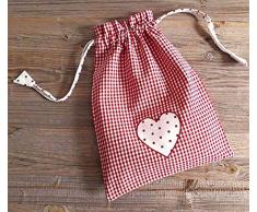 matches21 Stoff Beutel zum Binden Wäschebeutel Brotbeutel Landhaus LISE kariert & Herz Applikation 30x40 cm - Rot