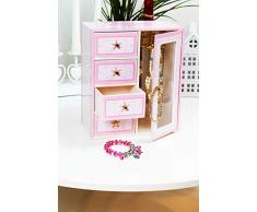 NOA POA JEWELRY COLLECTION Schmuckschrank Holz mit Schubladen Spiegel Schmuckkästchen (PINK Flower Stars)