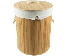 HRB Wäschekorb mit Deckel Bambus in beige, Wäscheaufbewahrung mit herausnehmbaren Wäschesack aus Baumwolle, faltbar, Wäsche Sortierer mit einem Ø 40 cm (Beige)