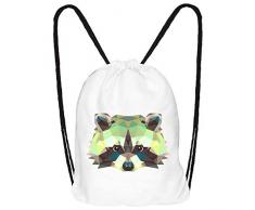 Hanessa Jutebeutel mit Waschbären Tier Aufdruck Sportbeutel Tüte Rucksack Beutel Tasche Gym Bag Gymsack Hipster Fashion Sport-Tasche Einkaufs-Tasche Weiß Wasch-bär