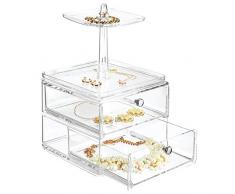 mDesign Schmuck Organizer mit 2 Schubladen und 2 Ablagen – Schmuckkästchen für die Kommode, den Wasch- oder Schminktisch – kompakte Schmuckaufbewahrung aus Kunststoff – durchsichtig