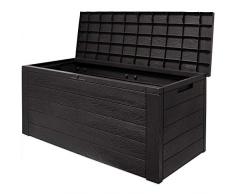Auflagenbox Woody Holzoptik Deckel klappbar 120x46x57cm Kissenbox Gartenbox Garten Truhe Tischtruhe