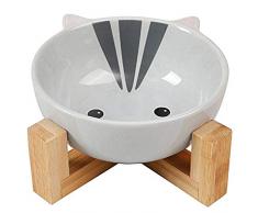 XILOSIN 1PC Haustier-Welpen-Feeder-Welpen-Feeder, Keramik Cartoon für Hunde und Katzen Holz mit Holzbügel (Graue Katze Panda Fox)