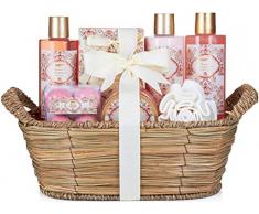 BRUBAKER Cosmetics Bade- und Dusch Set Aprikose und Granatapfel Duft - 11-teiliges Geschenkset im Flechtkorb