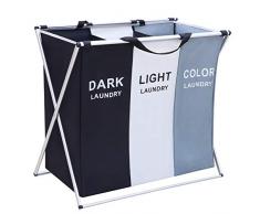 AK KYC Wäschekorb 3 Fächer Großer Wäschesack Großer Wäschesortierer Faltbarer Vorratsbehälter mit Ständer Kann im Badezimmer Schlafzimmer nach Hause verwendet werden65x60x39cm,100L(schwarz+weiß+grau)