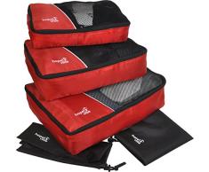 HOPEVILLE Kleidertaschen-Set 5-teilig, mit 3 Koffertaschen - Plus einem Wäschebeutel und einem Schuhbeutel, Premium Packing Cubes für perfekt organisiertes Reisegepäck (Rot)