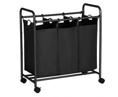 SONGMICS Wäschekorb, Wäschesammler mit 3 abnehmbaren Stofftaschen, Wäschebehälter auf Rollen, Wäschesortierer, stabil, 3 x 44 Liter, Schwarz LSF003B