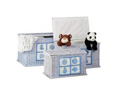Relaxdays Rattan Truhen 3er Set, Aufbewahrungsboxen mit maritimen Motiven, dekorative Kisten mit Stoffbezug, hellblau