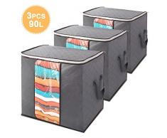 90L Groß Aufbewahrungstasche Kleideraufbewahrung mit Reißverschluss Dickem Atmungsaktiv Stoff Faltbare Unterbett Aufbewahrung mit Klarem Fenster für Bettdecken Kleidung Bettzeug Decke Kissen,3 Stück