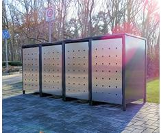 4 Mülltonnenboxen Edeldesign No.1 für 240 Liter Mülltonnen Anthrazit - Edelstahl / witterungsbeständig durch Pulverbeschichtung / mit Klappdeckel und Fronttür aus Edelstahl