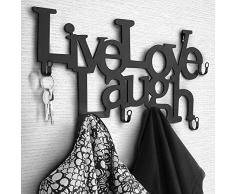 MIADOMODO Metall Wandgarderobe mit 6 Haken - 48 x 23 x 3 cm – Live, Love, Laugh - Hakenleiste, Garderobenhalter, Kleiderhaken