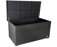 PREMIUM Venezia 950 L Polyrattan Garten Kissenbox wetterfest (regnet nicht rein) 146 x 83 x 80 cm, Auflagenbox mit verstärktem Deckel und Gasdruckfedern, auch als Tischplatte geeignet, Silber