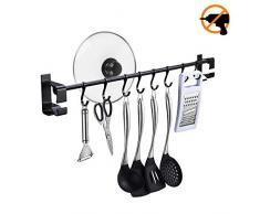 LC&TEAM Hakenleiste selbstklebend ohne Bohren 60CM mit 8 Haken Küchenregal aus rostfreiem Edelstahl Garderobenhaken in Schlafzimmer/Badezimmer/Küche für Kleidung Handtuch Küchengeräte schwarz