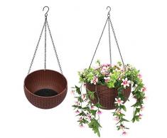 Worth Garden 2 Stück Rund Blumenampel aus Kunststoff Pflanzgefäß mit Hängekette Haken Hängeampel Pflanzampel (26,5 cm Durchmesser, Blumen Nicht enthalten, Braun)