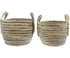 Dekoleidenschaft 2 Füllkörbe aus Maisblatt mit Griffen, Natur/grau, Ø 26 + 31 cm, Aufbewahrungskorb, Pflanzkorb, Übertopf