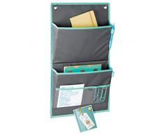 mDesign Hängeaufbewahrung für die Tür – praktischer Hängeorganizer aus Stoff – Hängeregal mit 2 großen Fächern und Magnetstreifen für Home-Office oder Arbeitsplatz – grau/blaugrün