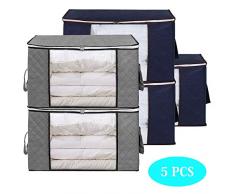 Qisiewell Aufbewahrungstasche Kleideraufbewahrung 60 x 35 x 43 cm mit verstärktem Griff und Stabilem Reißverschluss aus Dickem Stoff für Bettwäsche Kleidung Kissen Faltbar Groß Grau und Blau 5er-Pack