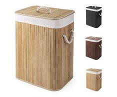 Virklyee Wäschekorb aus Bambus 60L Faltbar Wäschebox Wäschetonne mit Herausnehmbaren Wäschesack Tragegriff Wäschesortierer Wäschetruhe Wäschesammler mit Deckel (Holzfarbe)